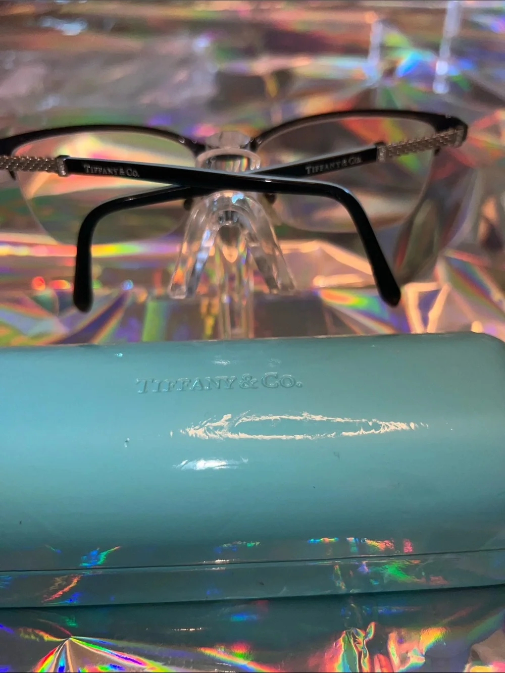 Tiffany & Co. Black and Silver Semi-Rimmed Eyeglasses with Blue Case